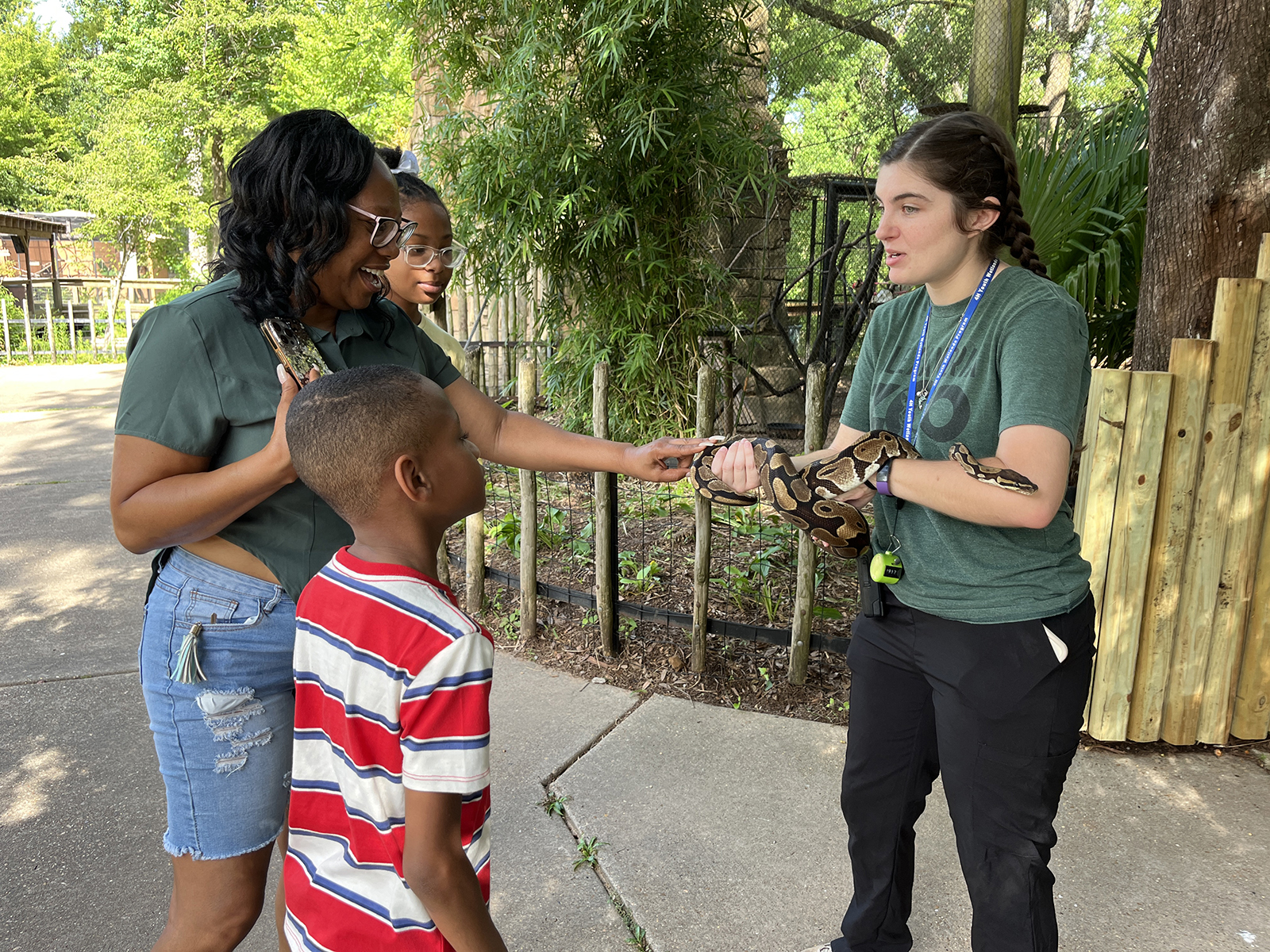 educator showing ball python to guests
