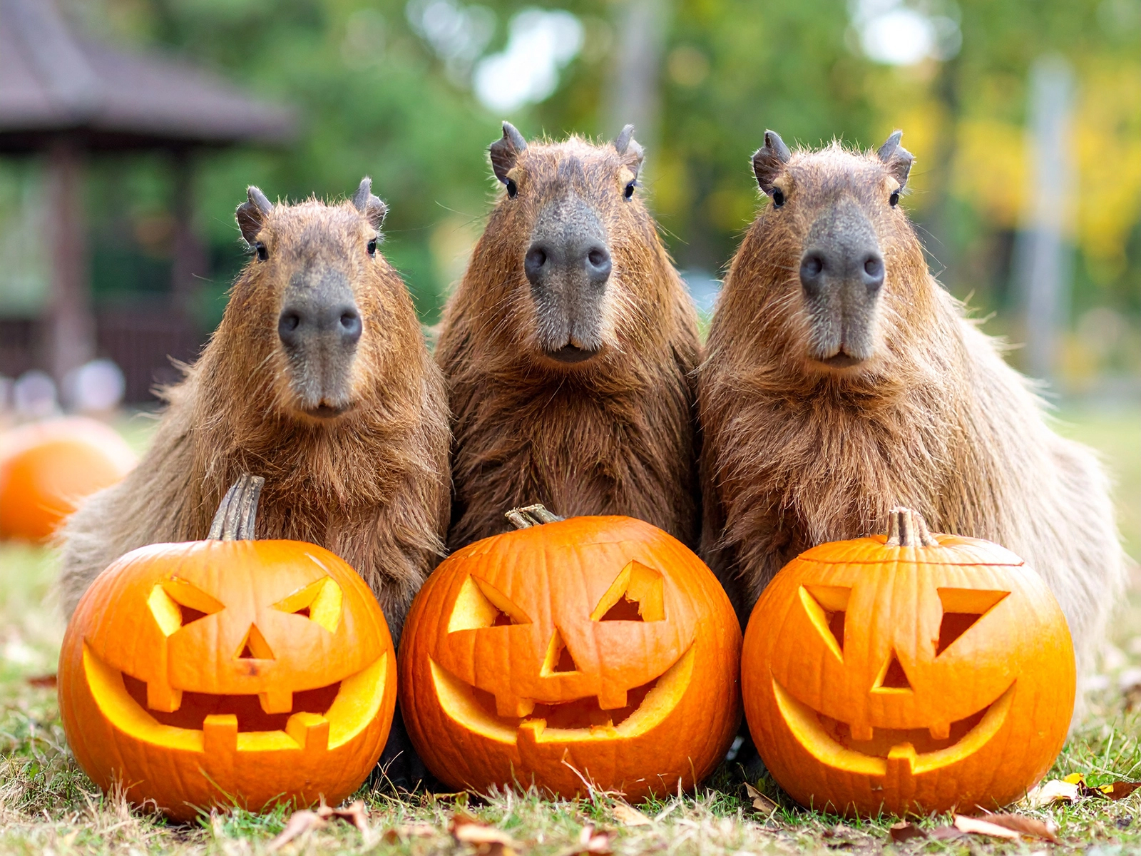 digital graphic of capybaras with carved pumpkins