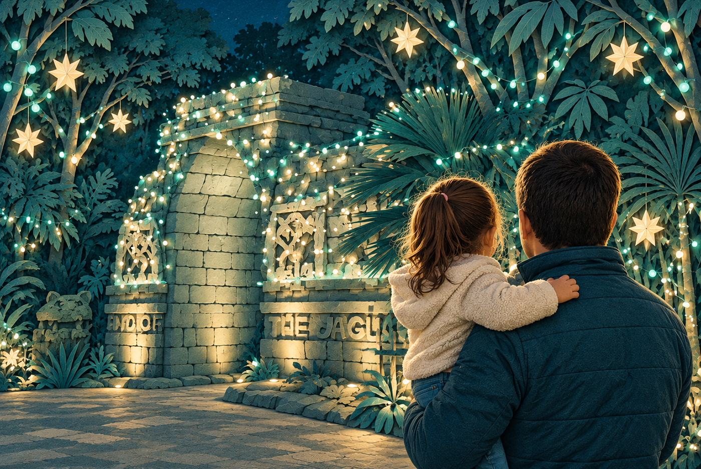 styled image of Land of the Jaguar temple with dad and daughter