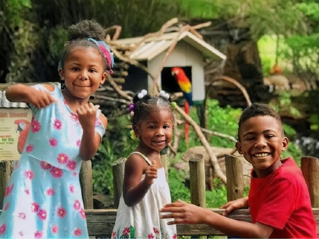 kids in front of scarlet macaw