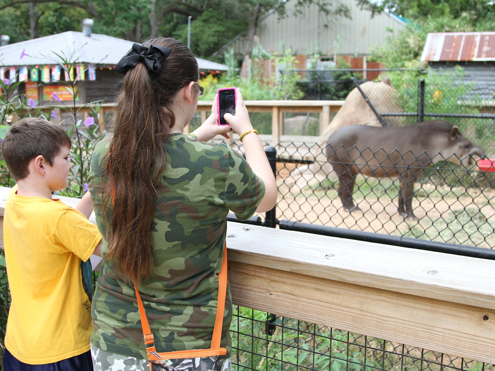 kids in front of Brazilian tapir