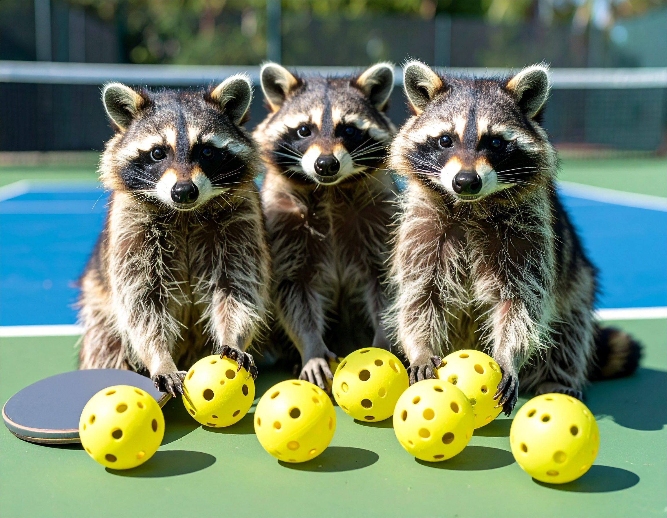 raccoons on a pickleball court